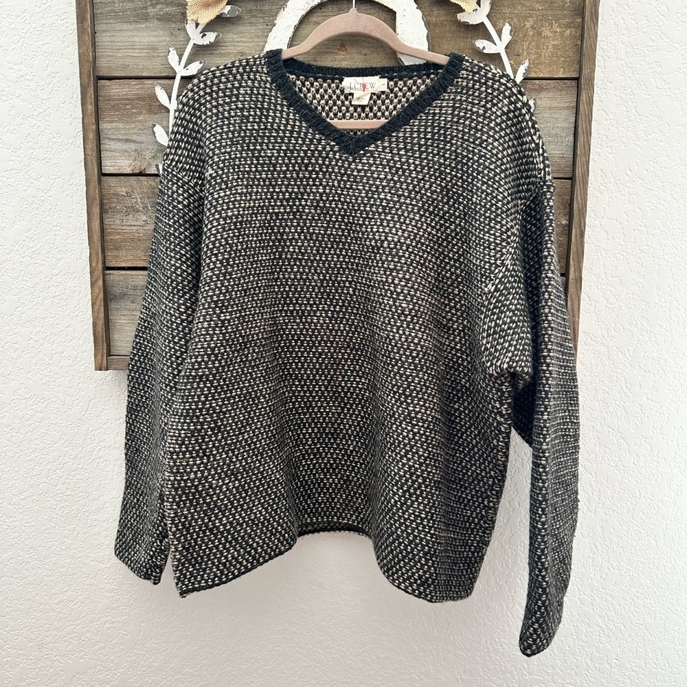 VTG vintage J.Crew black cream knit 100% wool sweater Large FLAW‎